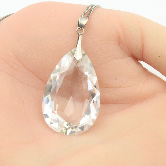 ANTIQUE ART DECO 33 ctS ROCK QUARTZ CRYSTAL STERLING SILVER PEAR SHAPE NECKLACE